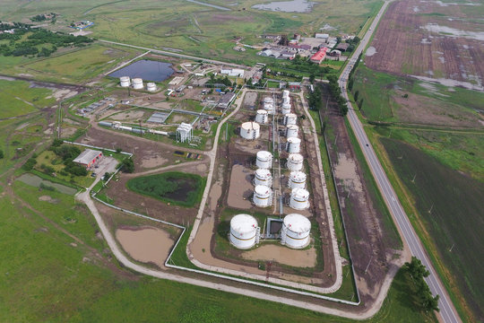 Aerial view of oil storage tanks