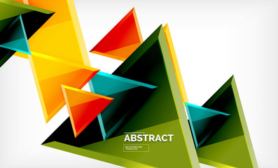 Triangles repetiton geometric abstract background, multicolored glossy triangular shapes, hi-tech poster cover design or web presentation template with copy space