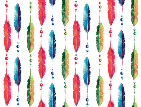 Hand drawn watercolor seamless pattern. Bright colorful feathers and beads on white background. Perfect for textile or decorative paper