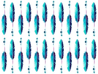 Hand drawn watercolor seamless pattern. Turquois feathers and beads on white background. Perfect for textile and decorative paper