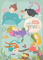 Cute cartoon card with little mermaids. Under the sea