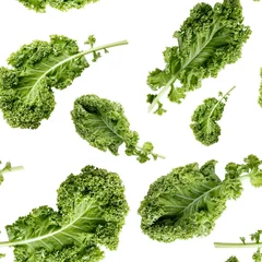 Poster Seamless pattern with green kale leaf isolated on white. Vegetable background. Food texture. Close-up photo. © geshas
