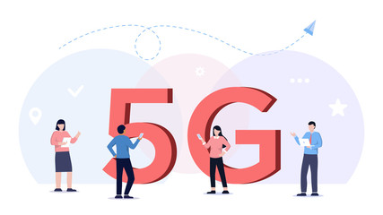 Fifth generation wireless 5g concept. People with mobile devices are standing around the big letters 5G. Addicted to networks people using high speed wireless connection via smartphone.