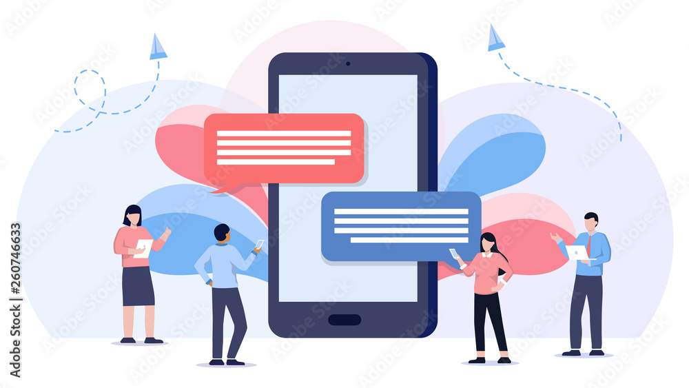 Poster speech bubbles on phone screen flat vector illustration of young people using mobile smartphone for 