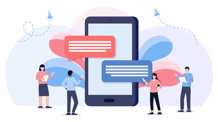 Speech bubbles on phone screen flat vector illustration of young people using mobile smartphone for texting and leaving comments in social networks. Chatting via messenger app
