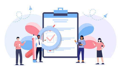 Check list illustration. People creating plan and checking. Successful execution of tasks from the to check list. To do list concept. Completion tasks. Vector illustration flat design.