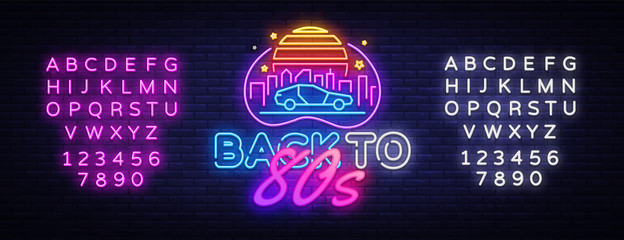 Naklejka premium Back to the 80s neon sign vector. 80 s Retro style Design template neon sign, light banner, neon signboard, nightly bright advertising, light inscription. Vector. Editing text neon sign