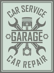 Color illustration of advertising repairing cars and their service. Text crossed keys and piston