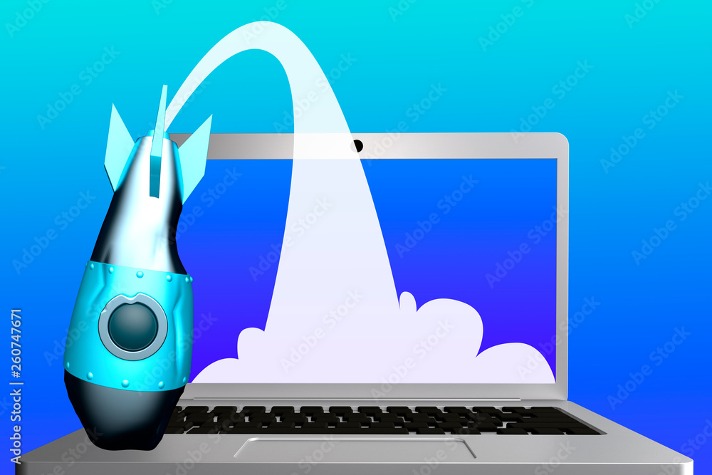 Poster business startup concept. rocket crashed on a laptop. 3d rendering