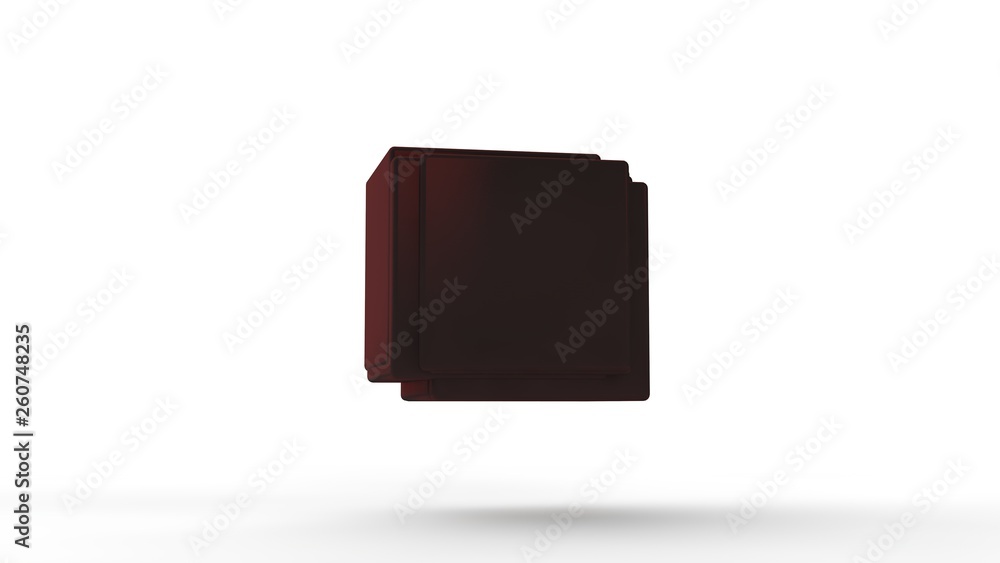 Poster 3d illustration of red cubes fused into one on white isolated background. cubes of different sizes. 
