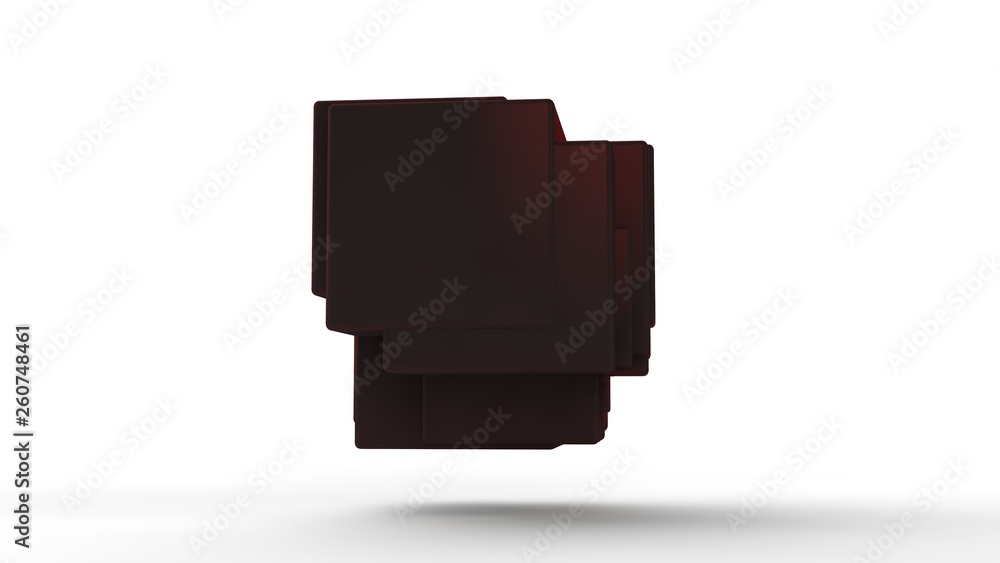 Poster 3d illustration of red cubes fused into one on white isolated background. cubes of different sizes. 