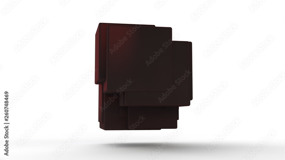 Poster 3d illustration of red cubes fused into one on white isolated background. cubes of different sizes. 