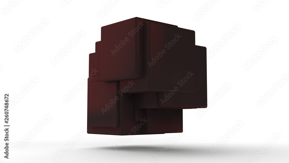 Poster 3d illustration of red cubes fused into one on white isolated background. cubes of different sizes. 