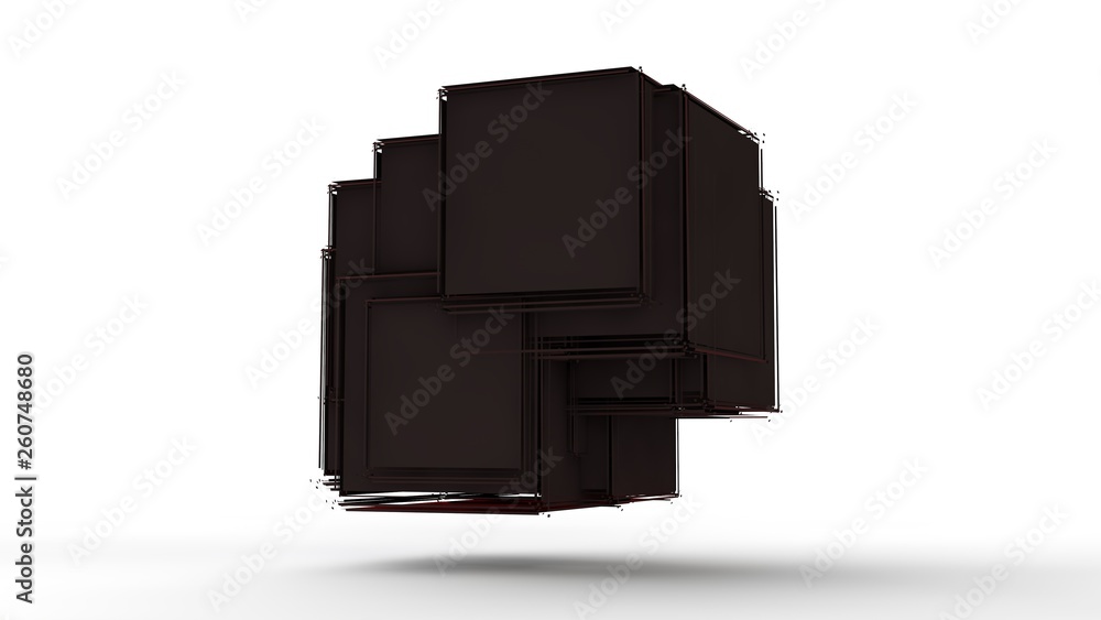 Poster 3d illustration of red cubes fused into one on white isolated background. cubes are different, break