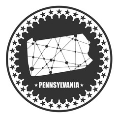 Image relative to USA travel. Pennsylvania state map textured by lines and dots pattern. Stamp in the shape of a circle