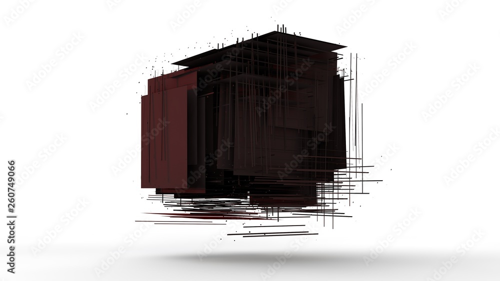 Poster 3d illustration of red cubes fused into one on white isolated background. cubes are different, break