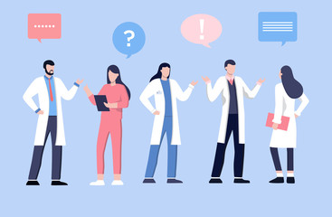 Male and feamle doctor talking with patients. Healthcare services, Ask a doctor. Therapist in uniform with stethoscope. Gynecologist and urologist, medical team concept. Medical clinic staff.