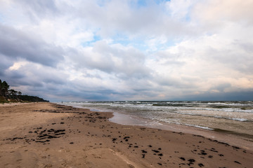 empty sea beach before storm with dramatic clouds and shadows from trees on the sand