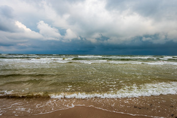 empty sea beach before storm with dramatic clouds and shadows from trees on the sand