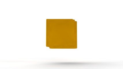 3D illustration of gold cubes fused into one on white isolated background. Cubes are different, unevenly distributed in space. Abstract image. 3D rendering, background.