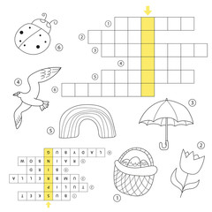 Crossword educational children game with answer. Learning Spring theme puzzle. Coloring book for children of preschool and school age. With the answer