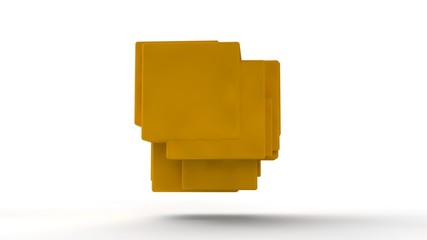 3D illustration of gold cubes fused into one on white isolated background. Cubes are different, unevenly distributed in space. Abstract image. 3D rendering, background.
