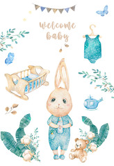 Watercolor isolated cute watercolor Bunny and toys clipart. Nursery rabbit illustration. Baby poster. Trendy pink cartoon animal. Birthday invite card, Greeting and Celebration postcard. Beauty