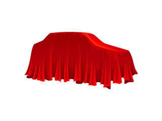 Car under red silk cloth on white background.