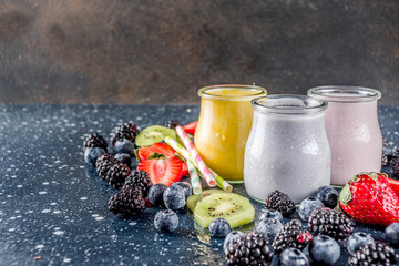 Summer fruits and berries smoothie drink. Vitamin diet snack beverage, with blueberries,...