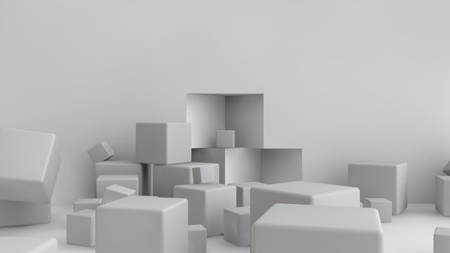 3D illustration of cubes of different size scattered randomly around the room. Cubes are chaotic in space, piling up and messing up. 3D rendering of a set of geometric shapes. © Станислав Чуб