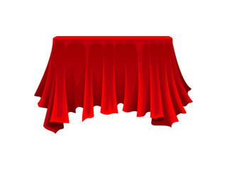Rectangular box under red silk cloth on white background.