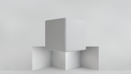 3D illustration of a gray cube in a room with cubic cells. The cube hangs in the air casting shadows. Geometrical abstraction. 3D rendering