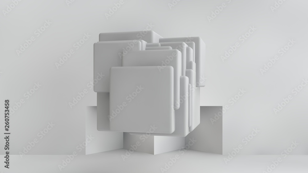 Poster 3d illustration of white cubes of different sizes in the room. cubes hang in the air, randomly distr