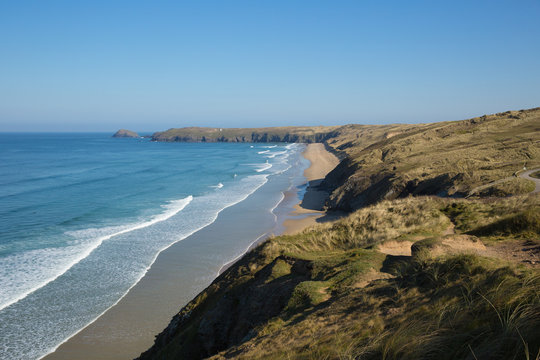 Penhale sands Perranporth North Cornwall England UK viewed from the coast path