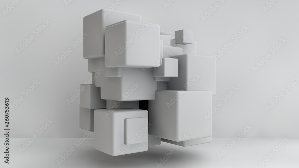 Poster 3d illustration of white cubes of different sizes in the room. cubes hang in the air, randomly distr