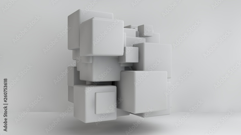 Poster 3d illustration of white cubes of different sizes in the room. cubes hang in the air, randomly distr