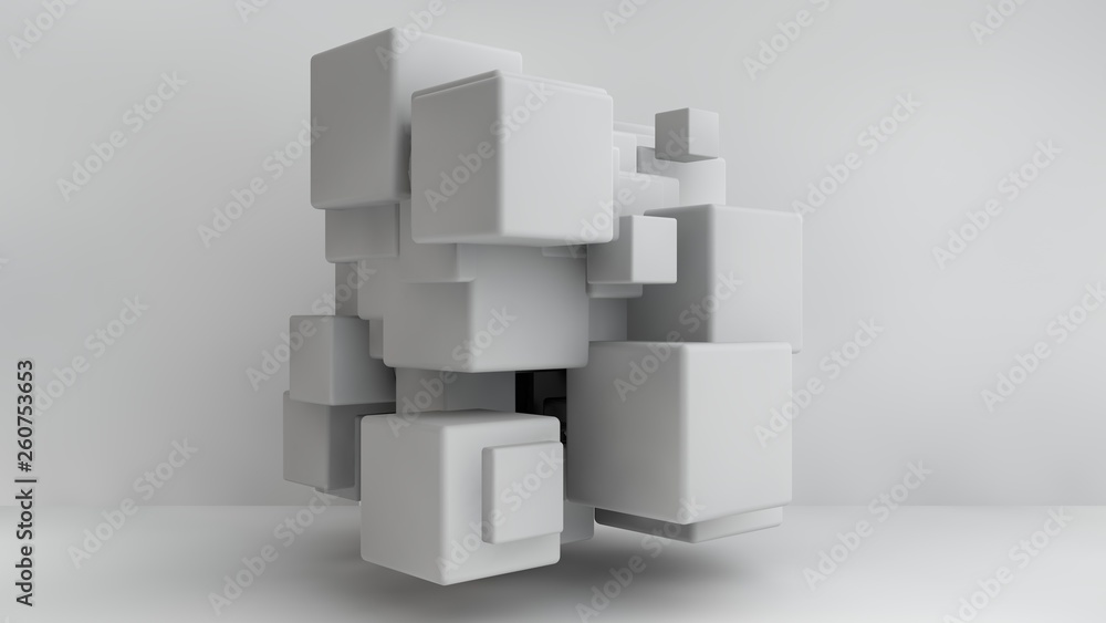 Poster 3D illustration of white cubes of different sizes in the room. Cubes hang in the air, randomly distributed in space, casting shadows. Geometrical abstraction. 3D rendering