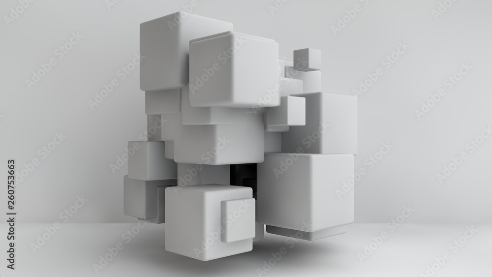 Poster 3d illustration of white cubes of different sizes in the room. cubes hang in the air, randomly distr