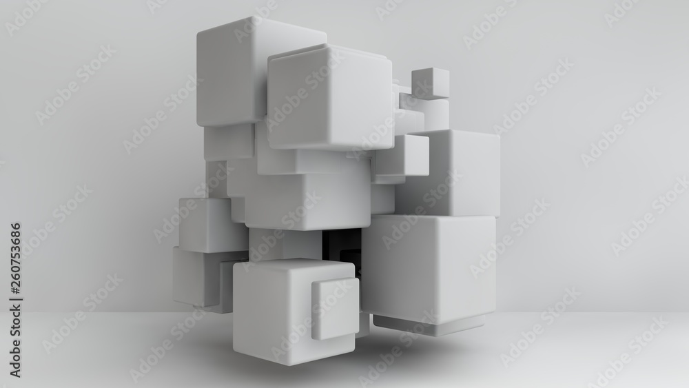 Poster 3d illustration of white cubes of different sizes in the room. cubes hang in the air, randomly distr