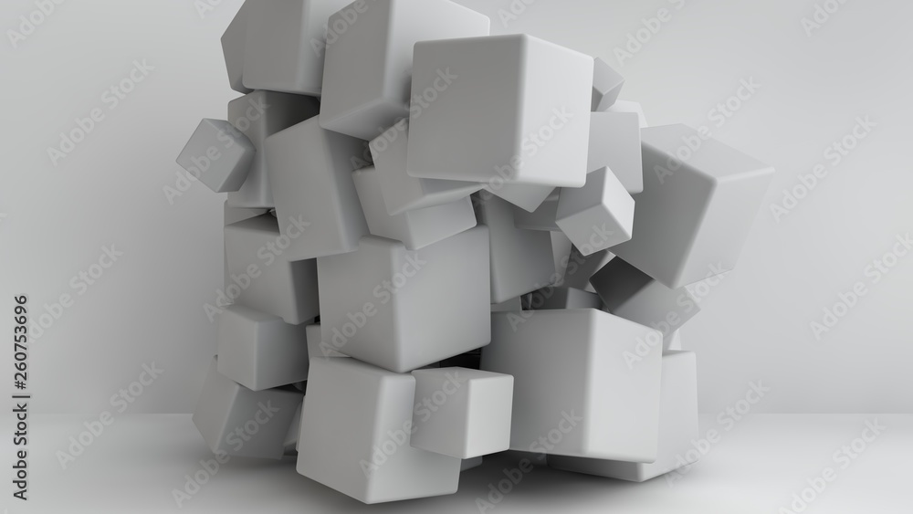 Poster 3d illustration of white cubes of different sizes in the room. cubes hang in the air, randomly distr