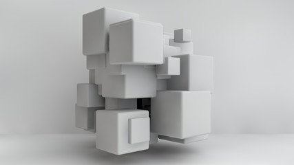 3D illustration of white cubes of different sizes in the room. Cubes hang in the air, randomly distributed in space, casting shadows. Geometrical abstraction. 3D rendering