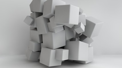 3D illustration of white cubes of different sizes in the room. Cubes hang in the air, randomly distributed and warped in space, casting shadows. Geometrical abstraction. 3D rendering