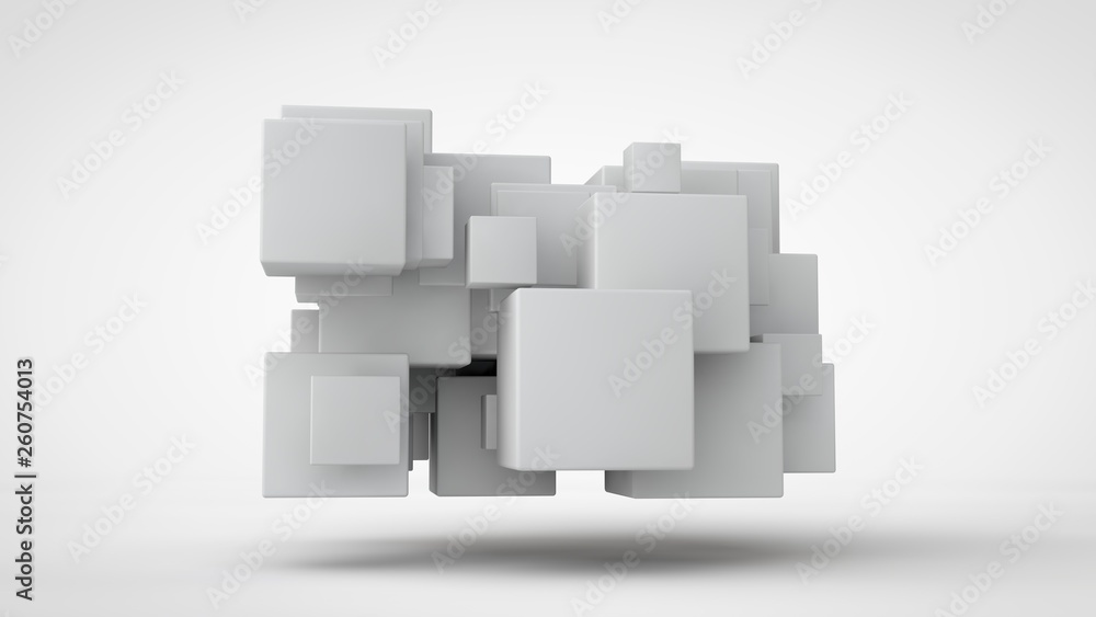Poster 3d rendering lots of white cubes in space, randomly arranged, of different sizes, hanging in the air