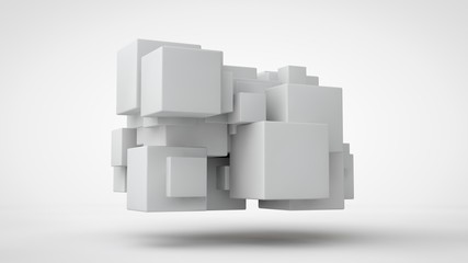 3D rendering lots of white cubes in space, randomly arranged, of different sizes, hanging in the air. Abstract representation of geometrically correct objects. Isolated on white background