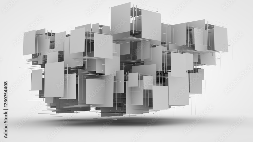 Aufkleber 3d sets of fragments of exploded cubes in space. abstract image of fragments of geometric shapes. fu