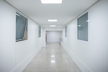 White hospital corridor. Clinic or maternity with white doors stretchers and boards.