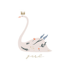 Swan lake. Lettering calligraphy. Girl princess, greeting card poster and postcard, vector image
