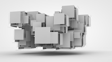 3D sets of fragments of exploded cubes in space. Abstract image of fragments of geometric shapes. Futuristic background. 3D rendering