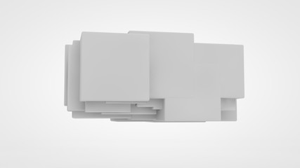 3D rendering lots of white cubes in space, randomly arranged, of different sizes, hanging in the air. Abstract representation of geometrically correct objects. Isolated on white background