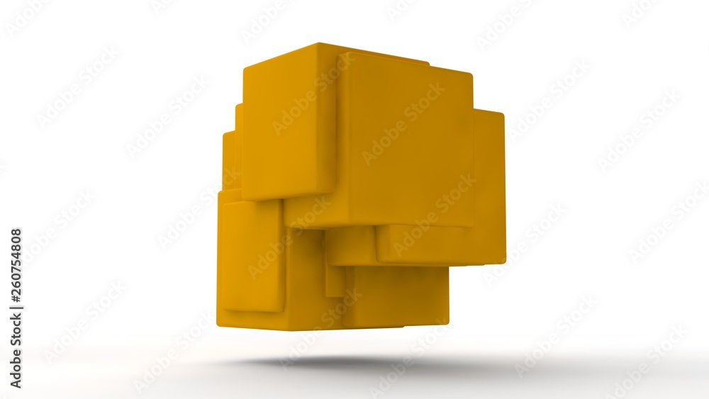Poster 3d illustration of gold cubes fused into one on white isolated background. cubes are different, unev